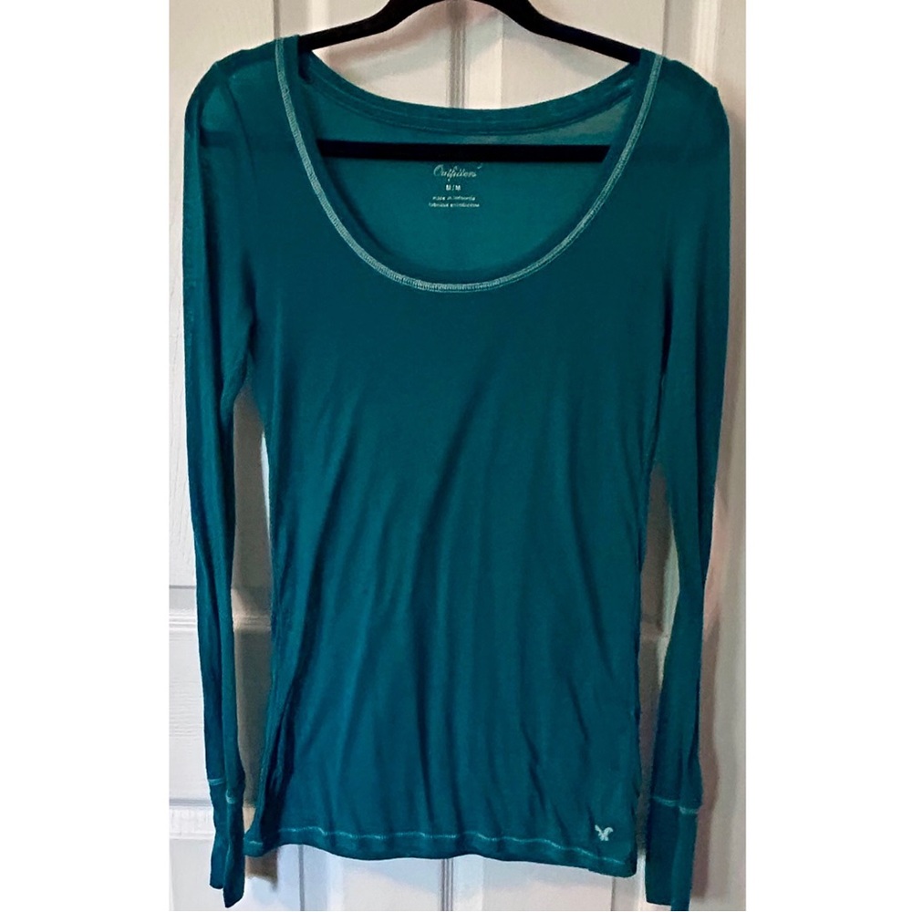 American Eagle Sheer form fitting Teal Long Sleeve Top